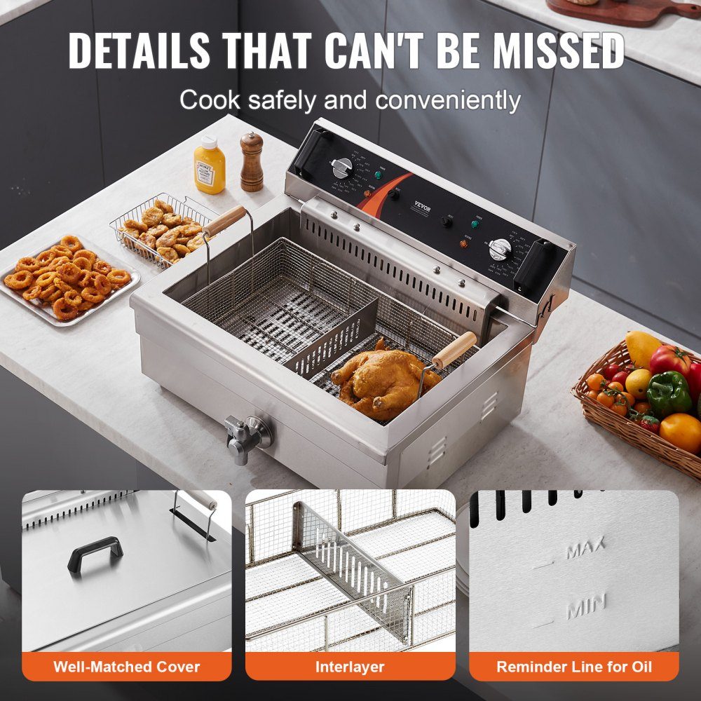 Commercial Deep Fryer, 2250W Electric Deep Fryer with Basket, 20L Large Capacity Countertop Oil Fryer, Stainless Steel, Temperature Control, for Kitchen Restaurant Use, Silver