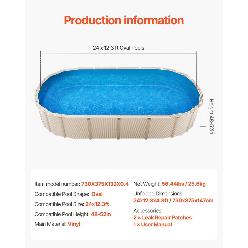 Oval pool liner, 730x375x147 cm, inner liner, replacement liner, inner cover, swimming pool liner, vinyl liner in standard thickness, wear-resistant, for above-ground pools with 132 cm high walls, plain