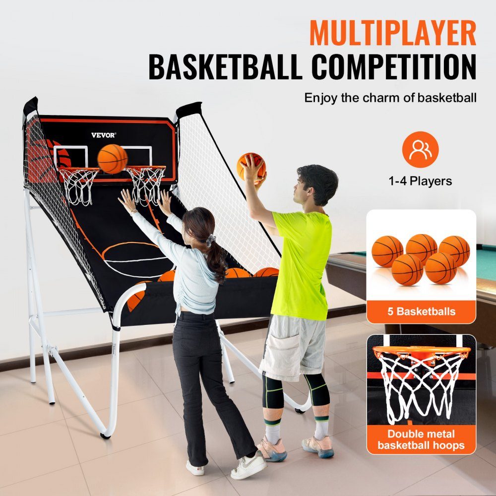 Faltbaes Indoor-Basketballspiel für 2 Spieler, Basketballmaschine, Basketballballständer mit 5 Bällen & 8 Spielmodi & 2 Basketballkörben & aufblasbarer Pumpe, für Kinder, Erwachsene (Schwarz & Weiß)