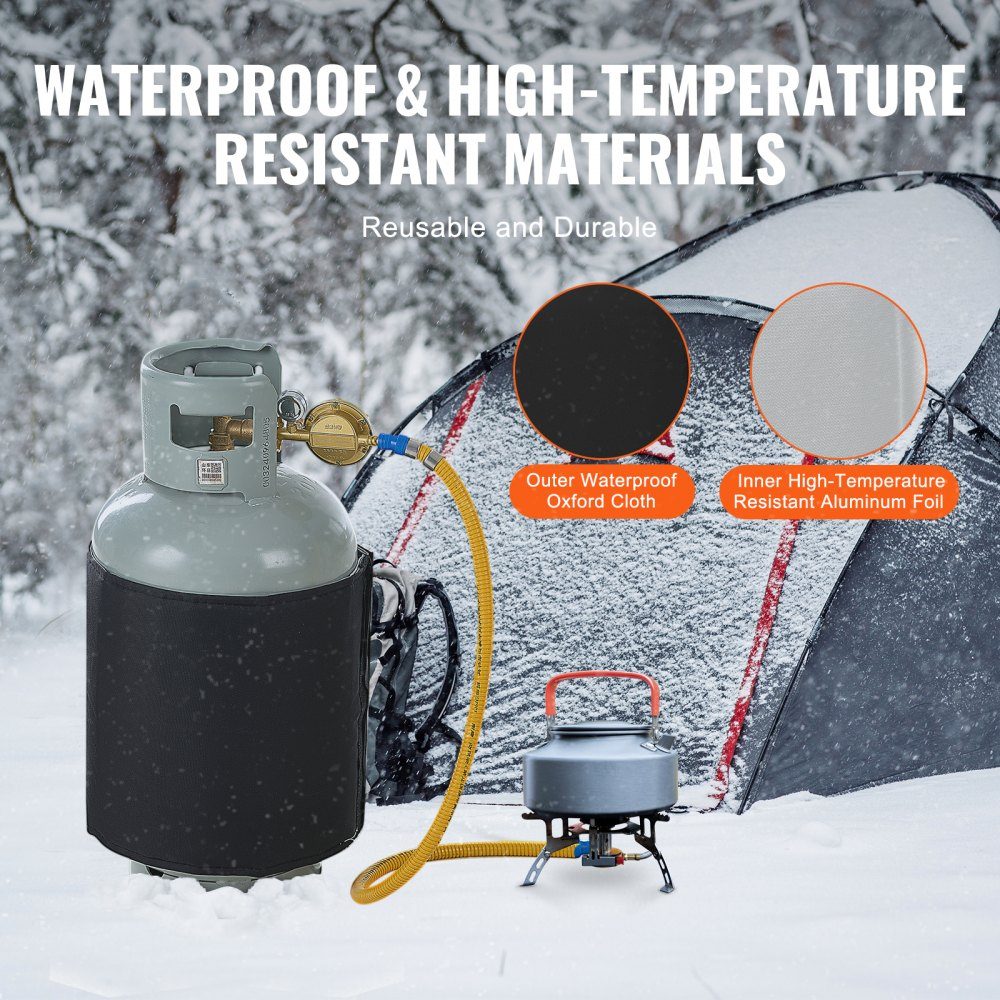 Insulated band style gas bottle warmer, fits 40lb gas tanks, 120W propane heater, fixed internal thermostat, maximum temperature 90°F, durable waterproof oxford fabric, CE approved