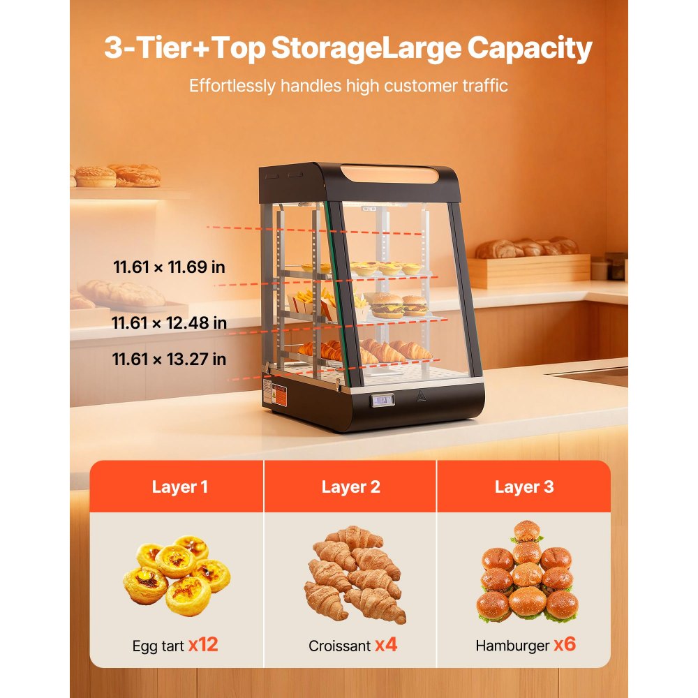 Comptoir chauffant à 3 niveaux 57 L, vitrine chauffante 800 W, comptoir chauffant 30-85 °C, chauffe-plats avec éclairage LED et étagères réglables, vitrine alimentaire pour hamburger pizza pain poulet frit