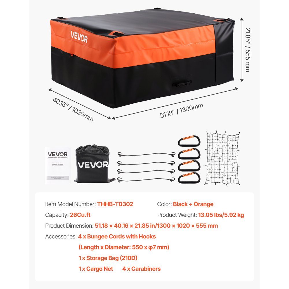 Sac porte-bagages, sac de lit de camion en PVC 840D imperméable (0,736 m³), ​​​​sac à bagages pour rangement sur le lit des camions avec filet à bagages pour voitures, SUV, camionnettes, noir, orange