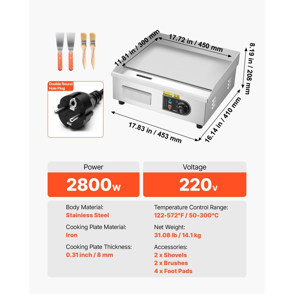 Commerciële grillplaat elektrisch 45 x 30 cm, bakplaat elektrische grill 2800 W, tafelgrillplaat 50-300 °C met 2 spatels, 2 borstels en 4 voetzolen, bakplaat voor steaks, pannenkoeken