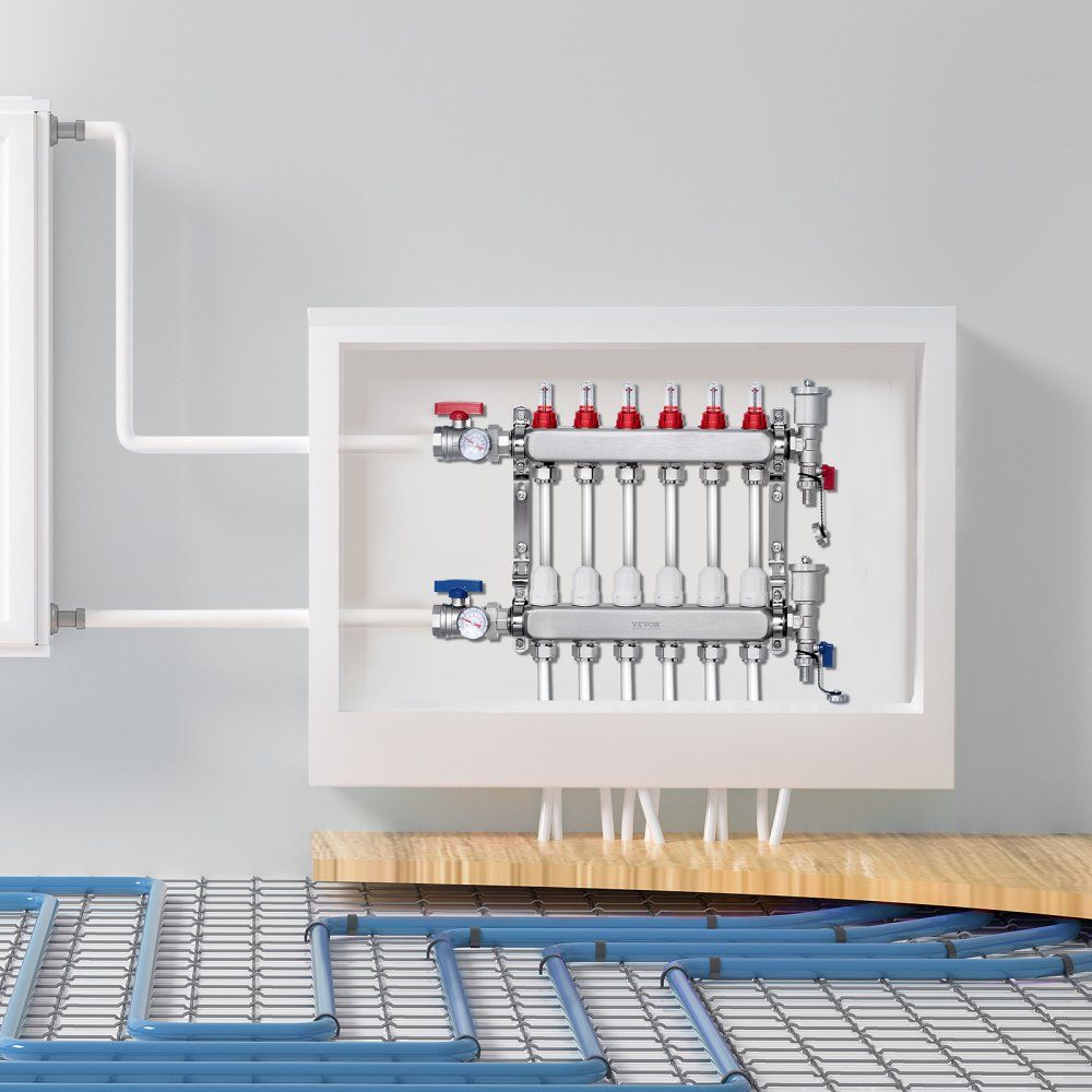 Wärmeverteiler mit 6 Zweigen, 1/2-Zoll-PEX-Rohrverteiler, PEX-Verteiler aus Edelstahl für hydronische Fußbodenheizung, Wärmeverteilungs-PEX-Verteiler-Kit mit 1/2-Zoll-Adaptern im Lieferumfang enthalten