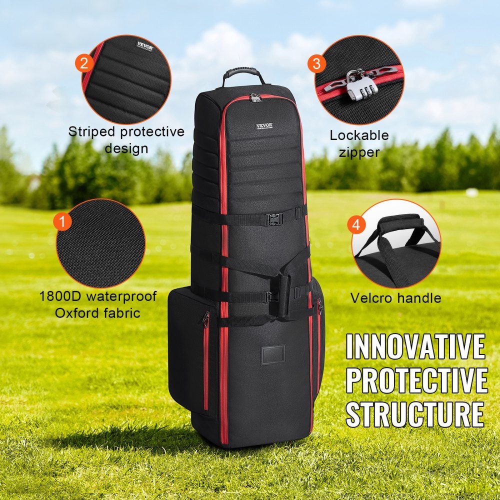 Golf-Reisetasche, Golfgepäck mit Rollen, strapazierfähig, 1800D Polyester Oxford, weiche Golfschläger-Aufbewahrungstasche für Flugzeug, wasserdicht, verschleißfest, Rot + Schwarz