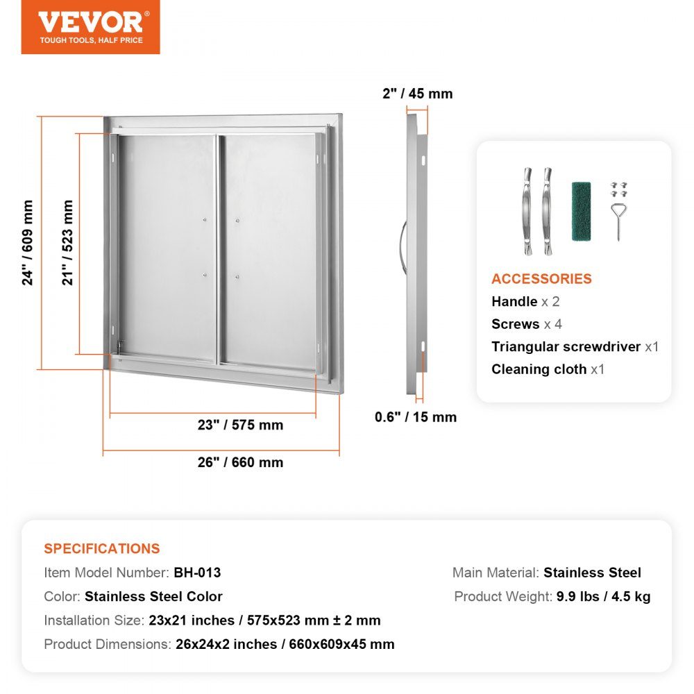 Grill Access Door 660x609mm Double Outdoor Kitchen Door Flush Mount Stainless Steel Door Vertical Wall Door with Handles for Grill Island Grill Station Outdoor Cabinet