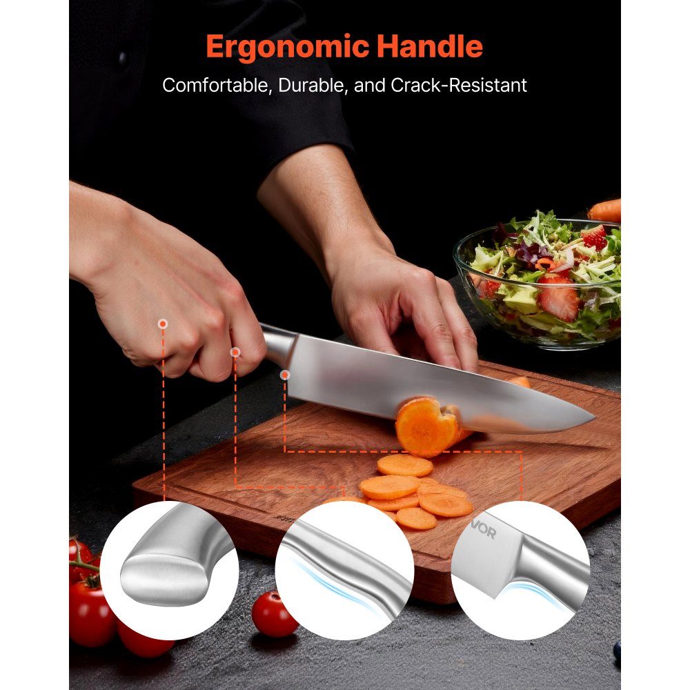 Kitchen knife set with knife block (wood) & sharpening steel, 15 pieces. Knife set of sharp knives made of high carbon stainless steel, kitchen cutlery with ergonomic handle, for home cooks