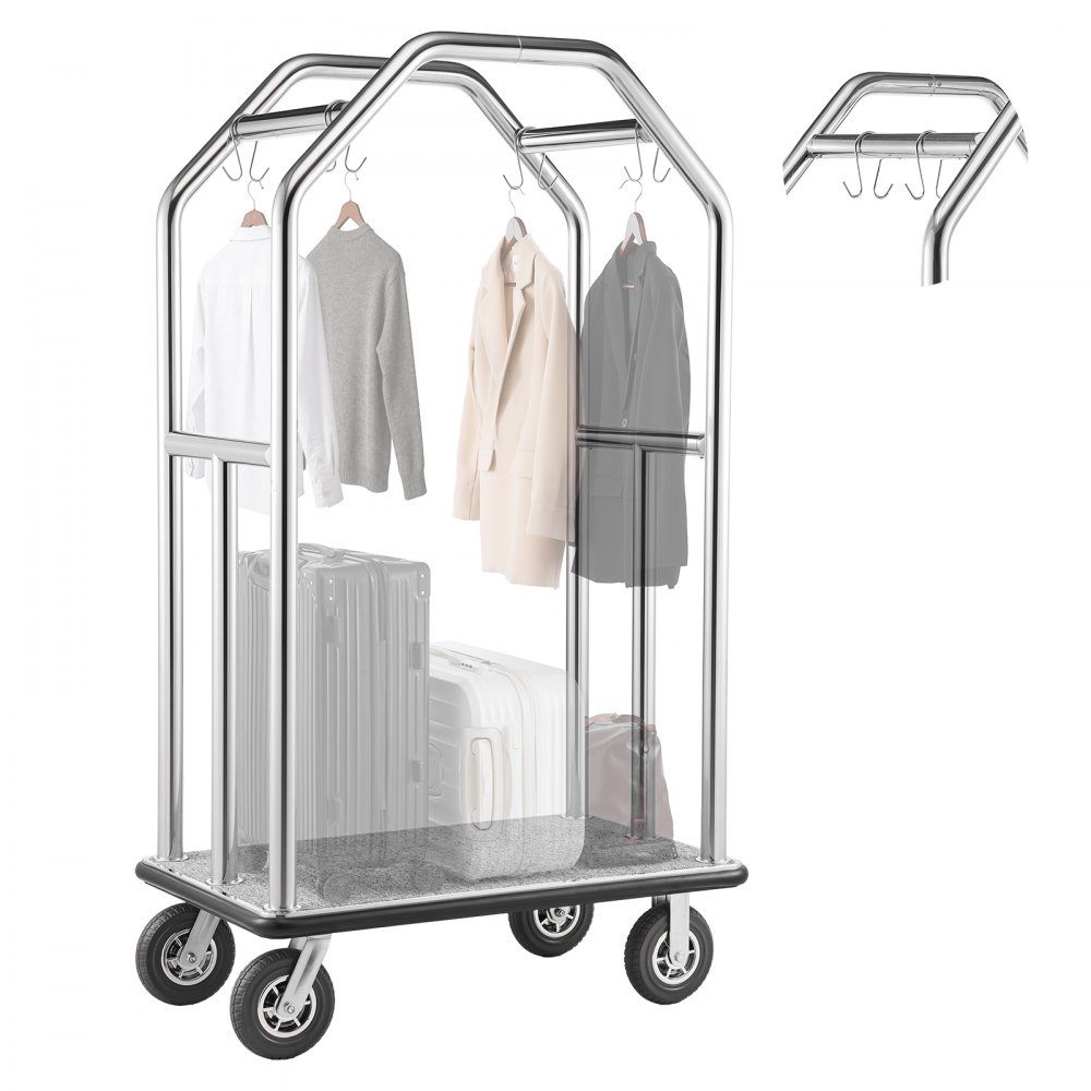 Roestvrijstalen hotelbagagewagen 1500 pond zware bagagewagen met 8 "rubberen wielen Hotelwagen met grijze tapijtvloer en kapstok Commerciële bagagewagen voor hotelsresorts Zilver – Artikelnr. HT-23177