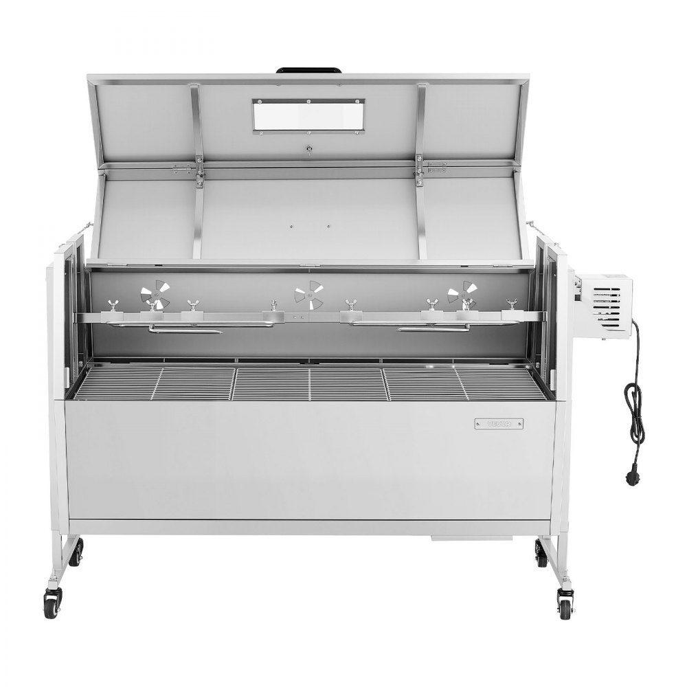 Rotisseriegrill 38W Spanferkelgrill Lammgrill Holzkohlegrill (1168,4 mm Grilllänge) mit 60 kg Tragkraft & Rollen & 4-fach Höhenverstellung & Deckel, Edelstahl Elektrogrill Set für Camping