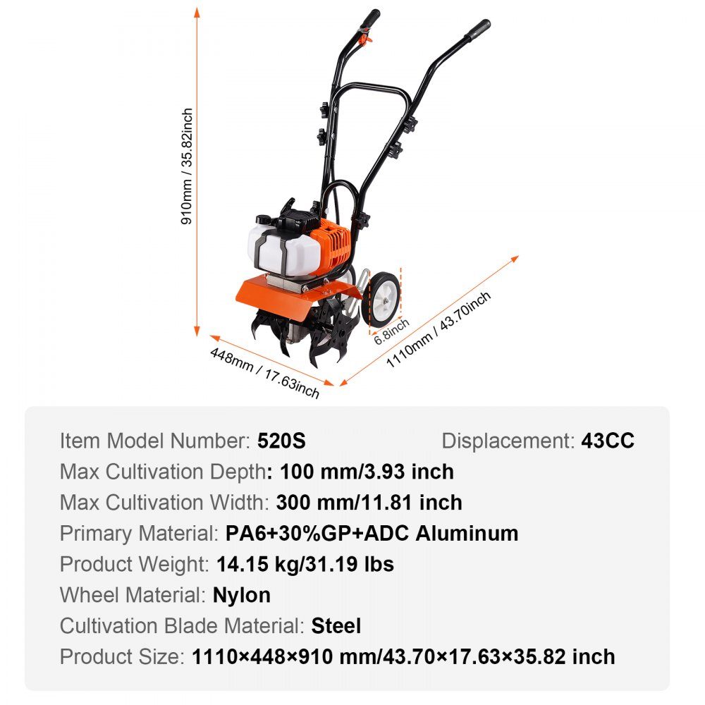 Gartenfräse, 43 CC Hubraum, gasbetriebene Motorhacke, 300 mm Bearbeitungsbreite, Motorfräse, 100 mm Bearbeitungstiefe, Bodenhacke, Stahlbearbeitungsmesser, Bodenfräse, 1110 x 448 x 910 mm, Grubber