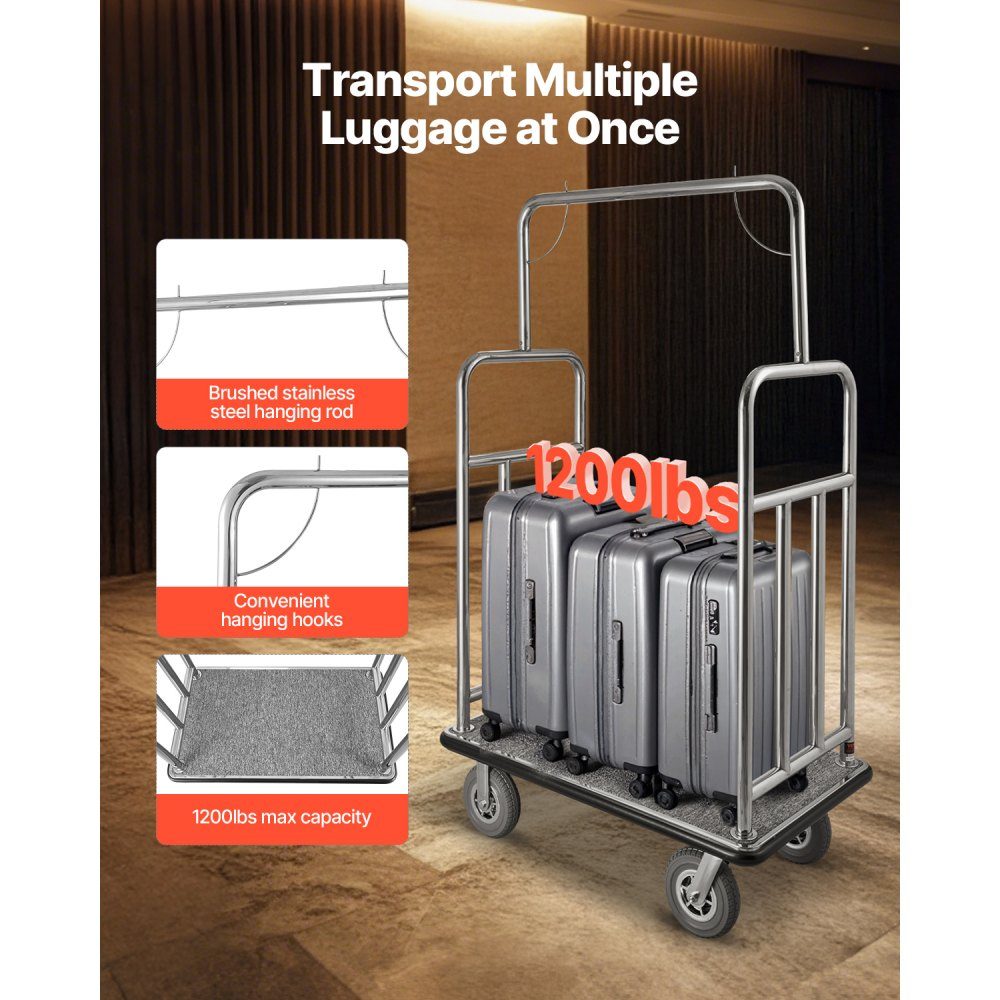 Hotel Luggage Cart, 1,000 Pound Capacity, Hotel Cart, Bellboy Cart, Luggage Cart, Valet Cart with Gray Carpet Floor and 8" Rubber Wheels, Ideal for Hotels, Condos, Resorts, Silver