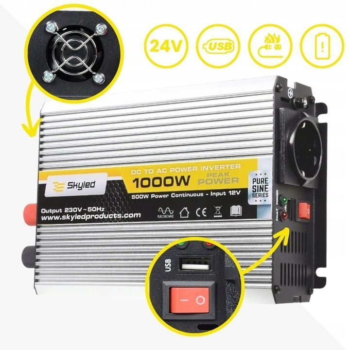 PRZETWORNIK 500W CIĄGŁY / 1000W CHWILOWY, PEŁNY SINUS 24V 230V