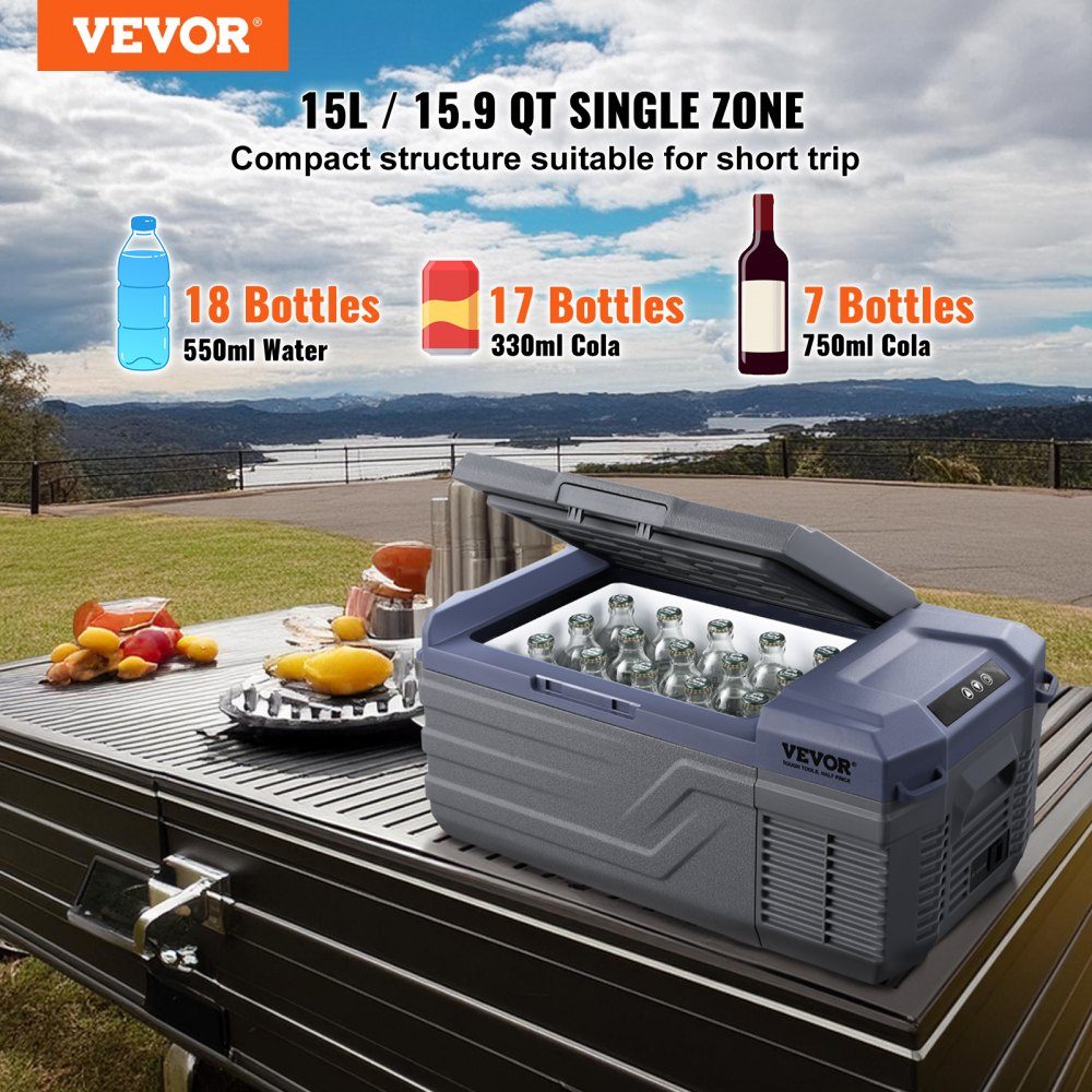 Car Refrigerator, 12V Car Fridge, Portable 15L Single Zone Freezer, Adjustable Range from -4℉ to 68℉, 12/24V DC und 100-240-V-AC- Compressor Cooler for Outdoor, Camping, RV