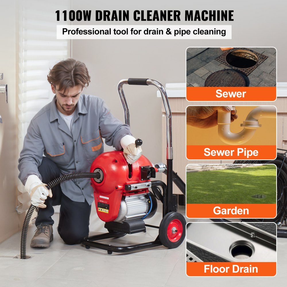 Pipe Cleaning Machine 120ft x 6/5in, 1100W Manual Feed Electric Pipe Cleaning Machine - with 6 Cutters and CW/CCW Control for 4" to 8" Pipes