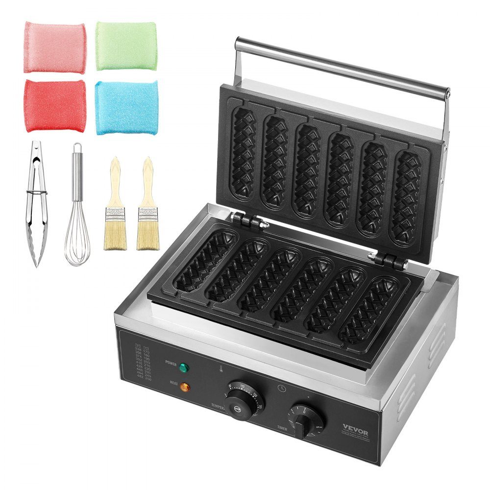 Commercial Waffle Iron Waffle Maker 6pcs 1500W Non-Stick Stainless Steel Corn Hot Dog Waffle Maker with Temperature and Time Control for Restaurant Bakery Snack Bar Family