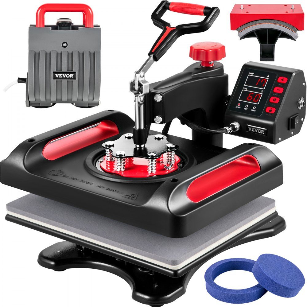 5 in 1 Heat Press 29x38cm T-Shirt Printing Machine 1000W Heat Press Textile Press Red Heat Press 360 Degree Swivel with Digital LED Temperature and Time Control
