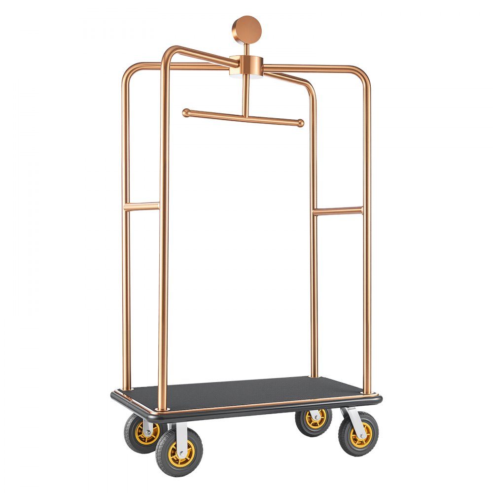 Chariot à bagages d'hôtel en acier inoxydable, chariot à bagages robuste de 1 000 livres avec roues en caoutchouc de 8", chariot d'hôtel avec tapis noir et porte-manteau, chariot à bagages pour hôtels et centres de villégiature, or rose – Réf. HT-23183