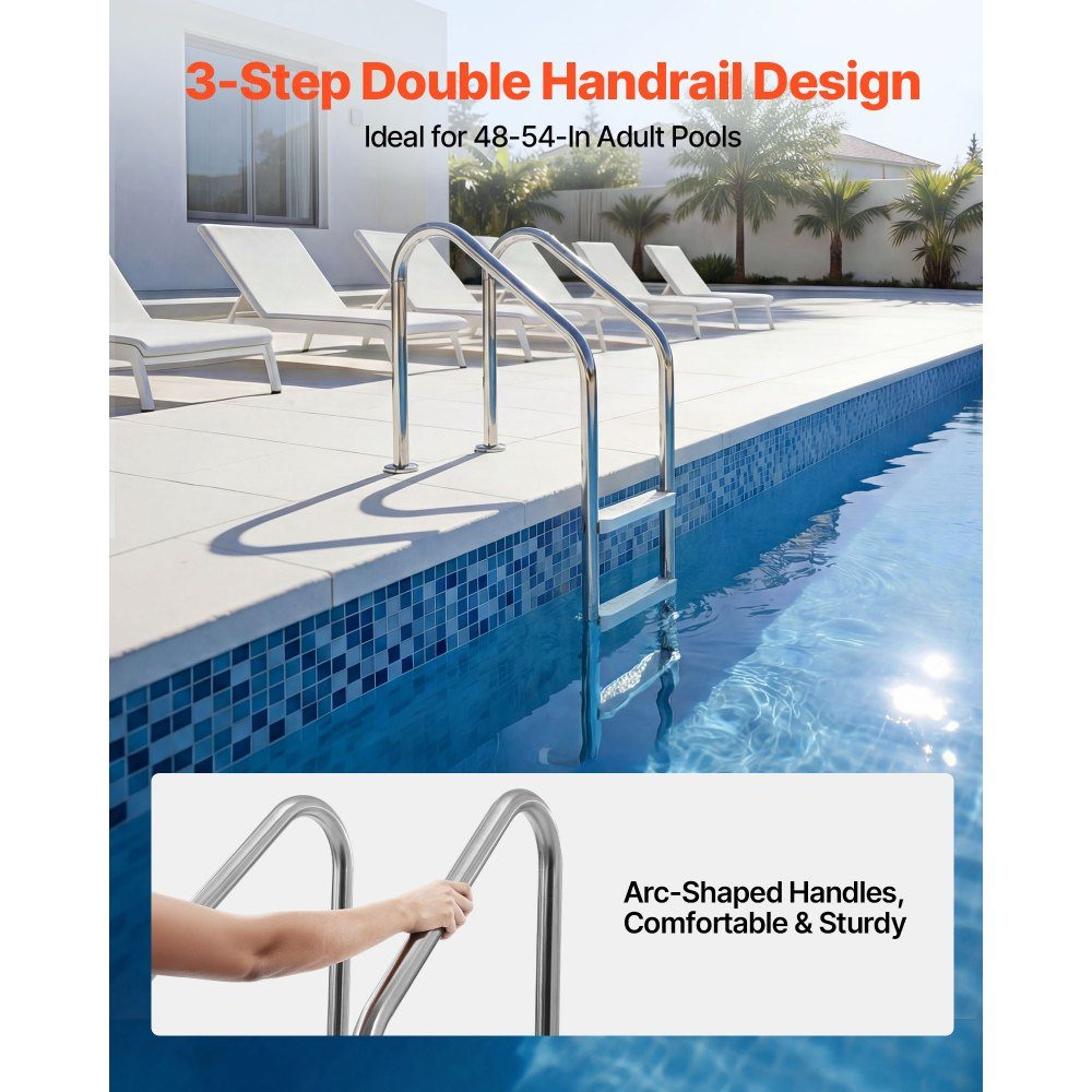 Échelle de piscine inox 120 kg, escalier 3 marches avec double main courante, marches antidérapantes, échelle de sécurité pour entrée et sortie d'env. Piscine encastrable de 122 à 137 cm, 655 x 600 x 1580 mm