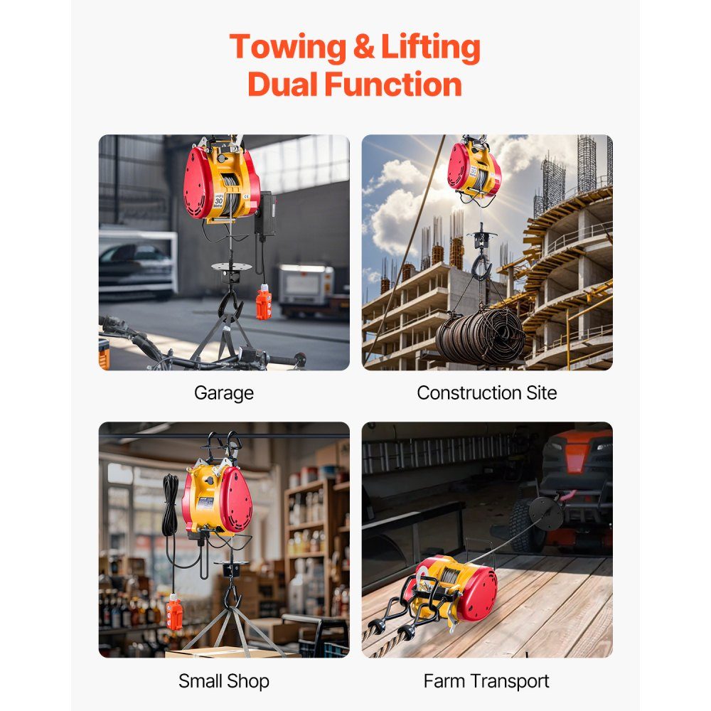 2 in 1 Electric Hoist Winch, 500kg Load Capacity, 1800W Portable Winch, 30m Lifting Height, 11m/min with Cable and Wireless Remote Control, for Garage, Warehouse, Factory, Lifting and Towing Work