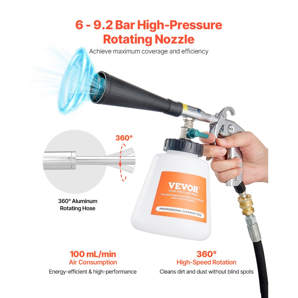 Pistolet de nettoyage à air comprimé, pistolet de soufflage d'air haute pression 6-9,2 bars avec 2 buses et bouteille de liquide de 1 L, pistolet de lavage, pistolet de nettoyage de voiture, adapté au compresseur d'air 1/4 NPT
