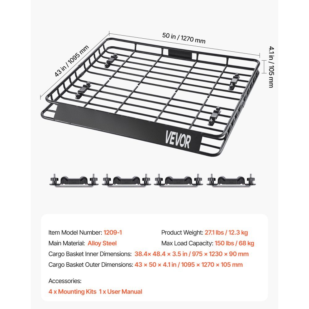 Imperiaalmand Autodakmand (1095 x 1270 x 105 mm) Universele roestvrijstalen imperiaal met maximaal draagvermogen van 68 kg, auto-imperiaal voor SUV-vrachtwagens