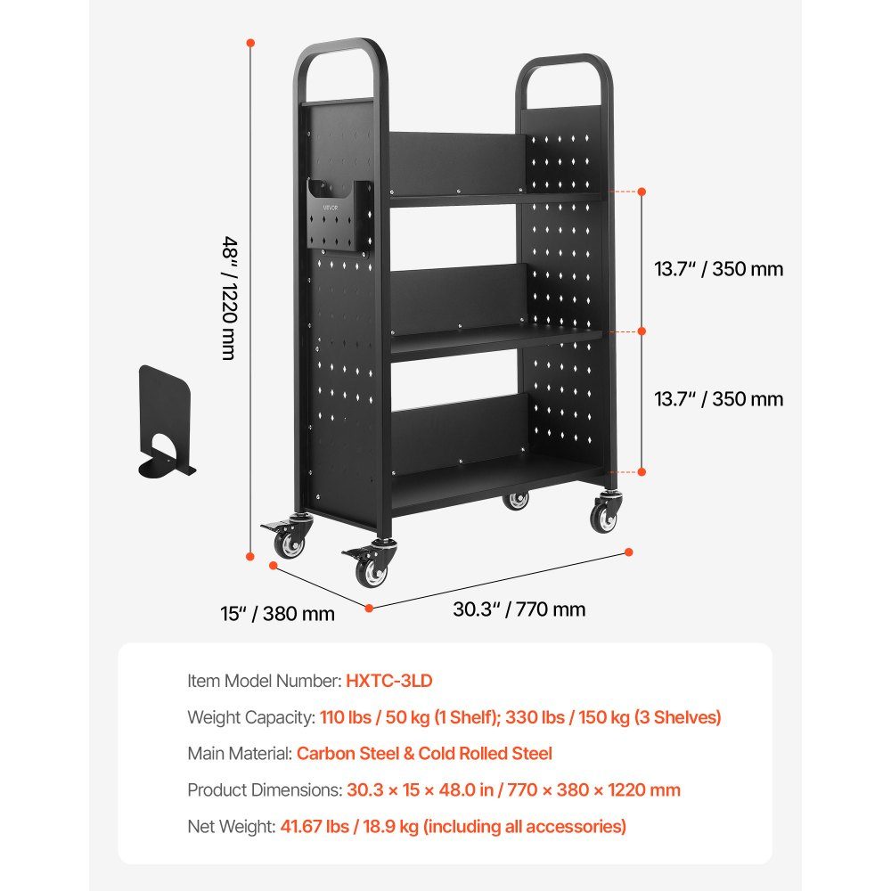 Bücherwagen, 150 kg Tragkraft, Bibliothekswagen, 77 x 38 x 122 cm, einseitiges L-förmiges Bücherregal mit Doppelbremsrädern, Bücherregalwagen für Wohnzimmer, Büro, Schule, Schwarz