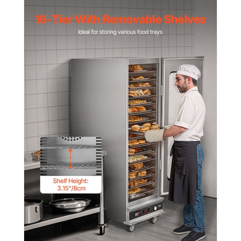 Réchauffeur de nourriture Hot Box, chauffe-collation à 16 niveaux, bol d'eau, porte en verre simple et étagères réglables, armoire chauffante en acier inoxydable, idéal pour conserver la pizza, le poulet