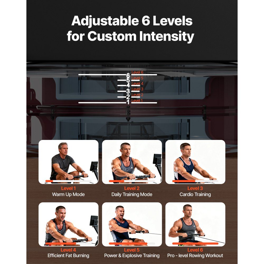 Rowing Machine 6 Level Quiet Resistance, Foldable Wooden Water Rowing Machine mit 14-l-Wassertank and LCD Monitor, Bluetooth App Compatible, 158kg Weight Capacity, Immersive Rowing Machine