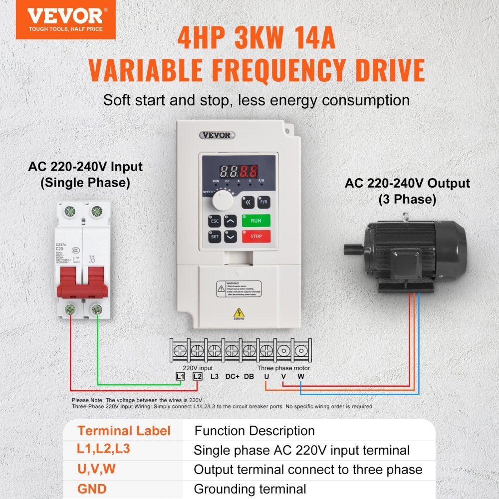 Convertisseur de fréquence VFD 4 HP 3 kW, 14 A, entrée 1/3 phase AC 220 V vers sortie triphasée AC 0-220 V, convertisseur de fréquence entrée 50/60 Hz, sortie 0-2000 Hz VFD pour contrôle de vitesse du moteur de broche