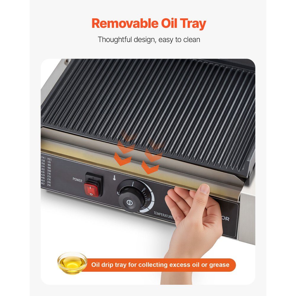 Commercial Panini Grill, Contact Grill 2200 W, for Sandwiches, Steak, Bacon, Hamburgers, Sandwich Maker, Stainless Steel Press Grill with Handle & Temperature Controller & 34 x 23 cm Heating Plate, Panini Press