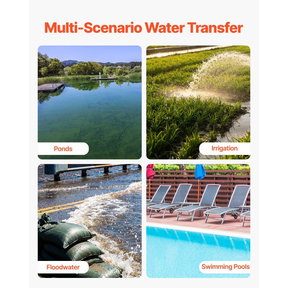 Pompe à eau essence 422 GPM, pompe à eau sale de 4 pouces, pompe à moteur de 8,3 CV portable avec tuyau de refoulement de 7,62 m et pompe de refoulement d'eau à turbine en fonte pour l'irrigation, le drainage, les chantiers de construction, les étangs
