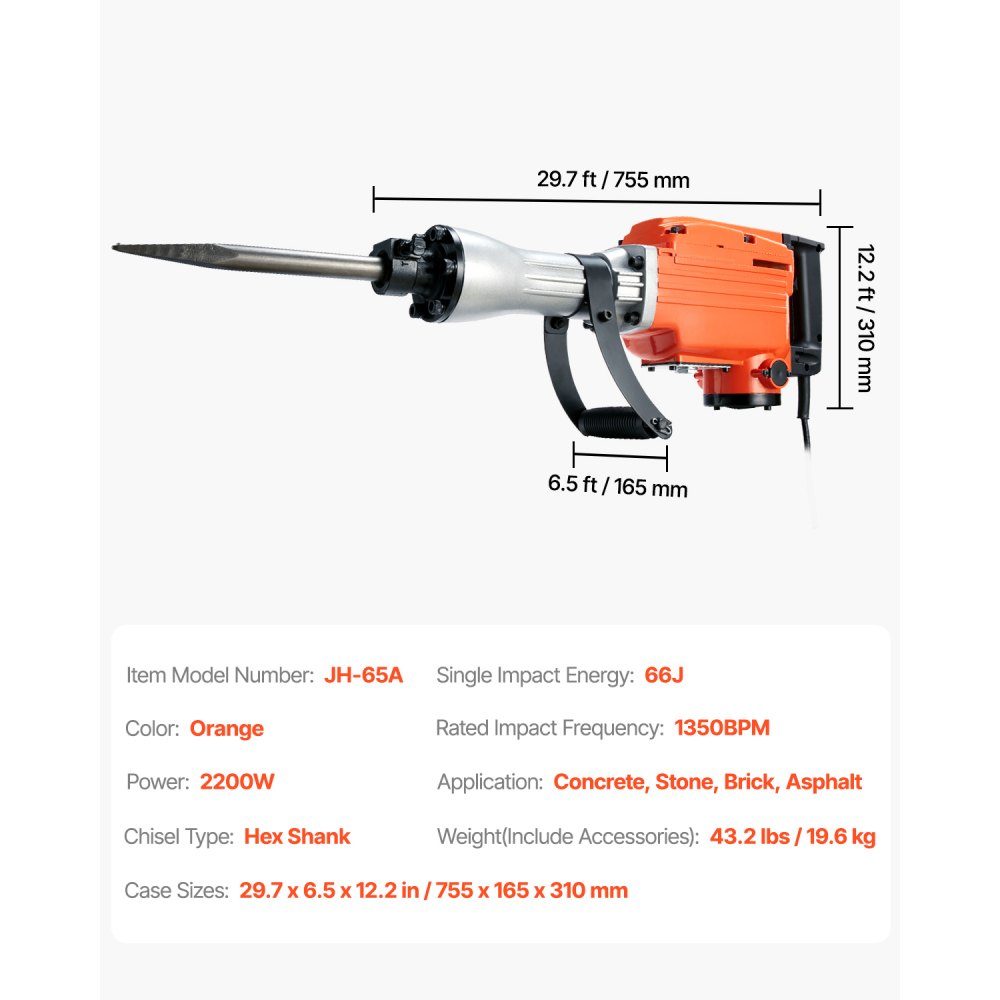 Heavy Duty Concrete Breaker Demolition Hammer 2200W 1-1/8"/28.6mm Electric Demolition Hammer Drill Concrete Hammer 1400BPM Includes Pointed Chisel Flat Chisel for Slate Concrete etc
