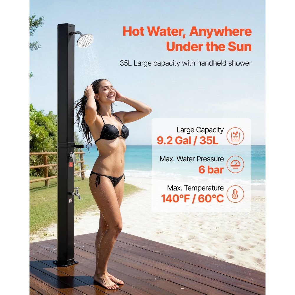 Solardusche 35 L, Solar-Gartendusche 2160 mm hoch, Pooldusche mit Seifenschale, Warm- & Kaltwasserregulierung, freistehend, Campingdusche für Garten, Poolbereich, Strandpool, Schwarz