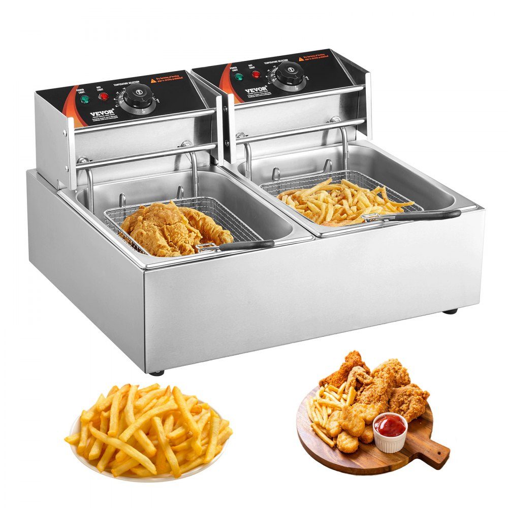 Kommerzielle elektrische Fritteuse, 2 x 6 l große elektrische Arbeitsplatte mit abnehmbarem Doppelkorb, 5000 W Edelstahl-Doppelfritteuse für Küche, Restaurant
