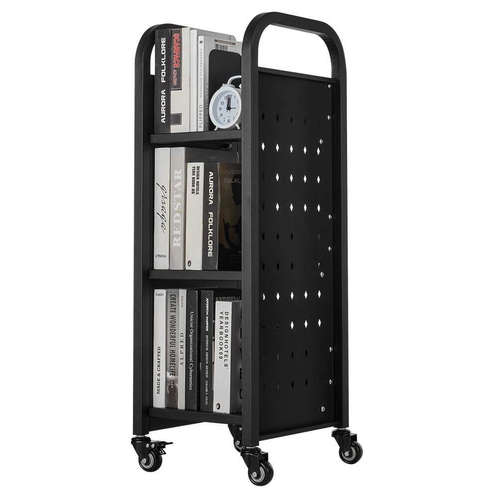 Boekenwagen 100 kg Draagvermogen Bibliotheekwagen 32 x 35 x 93,5 cm Enkelzijdige L-vormige boekenplank met dubbele remwielen Boekenplankwagen voor Woonkamer Kantoor School Zwart