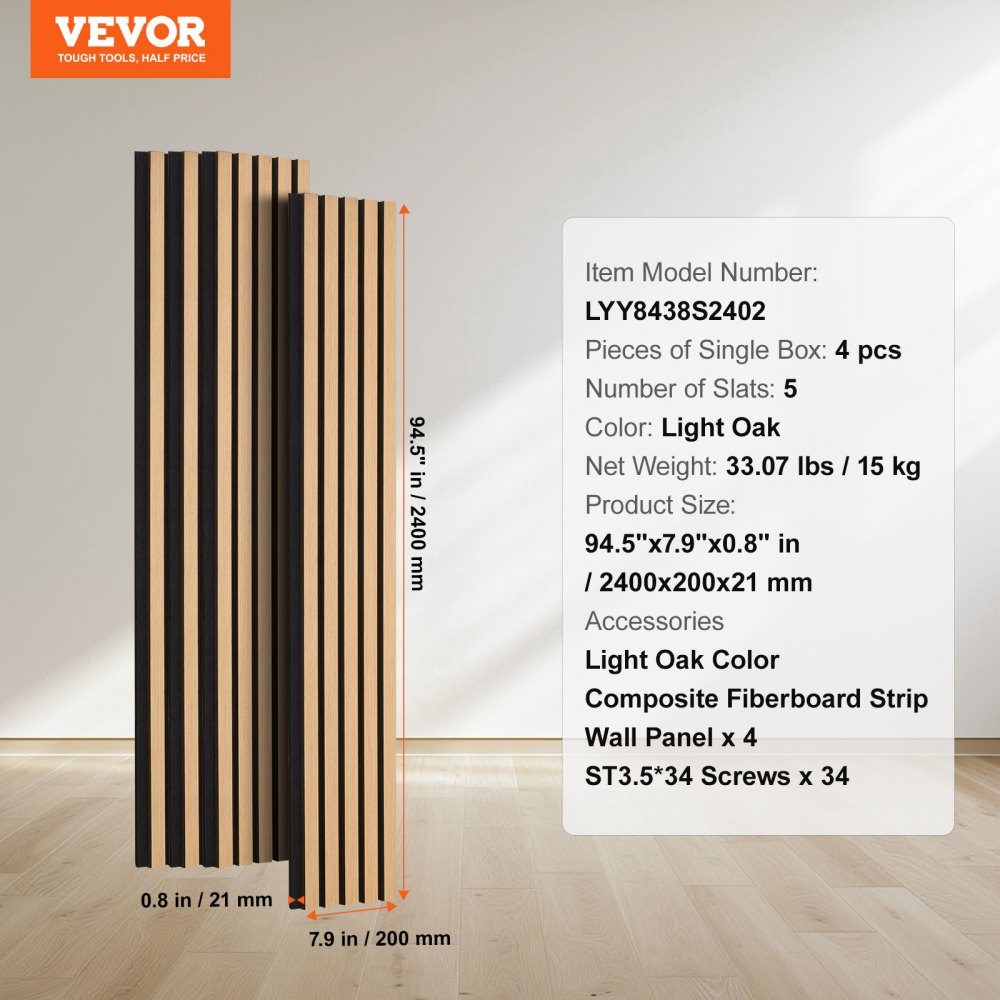 Acoustic Panels Acoustic Panels 2400x200mm MDF Accent Wooden Wall Panels for Modern Interior Wall Decoration Faux Wood Wall Panels for Noise Reduction Light Oak Set of 4