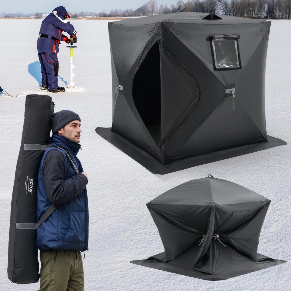 Tragbares Eisangelzelt, Pop-up-Eisangelzelt für 1–2 Personen, Angelzelt aus 300D-Oxford-Stoff, Angelschirm für Winterangeln, Zelt mit Ankern/Seil/Tragetasche, 1,5 x 1,5 x 1,65 m, schwarz