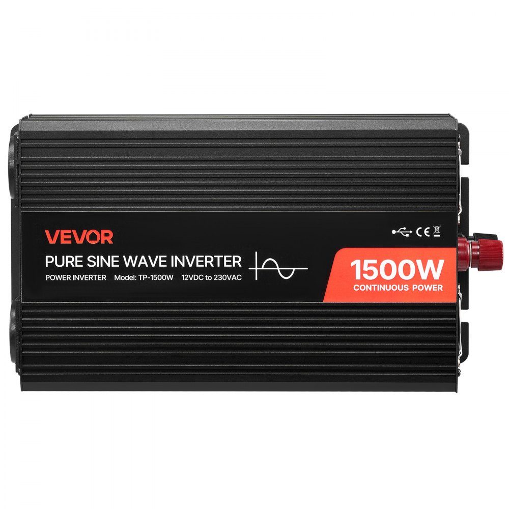 1500 W 12V DC to 230V AC Pure Sine Wave Inverter with Remote Control, USB and Type-C Ports, 2 AC Sockets, Fast Charging for RV, Truck, Outdoor Camping