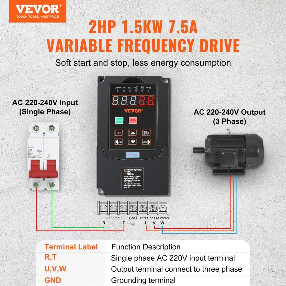 Variateur de fréquence VFD 2HP 1,5KW 7,5A Entrée 1 ou 3 phases 220V vers sortie 3 phases 220V Entrée 40-60Hz Sortie 0-400Hz VFD pour moteur de broche Contrôle de vitesse CNC