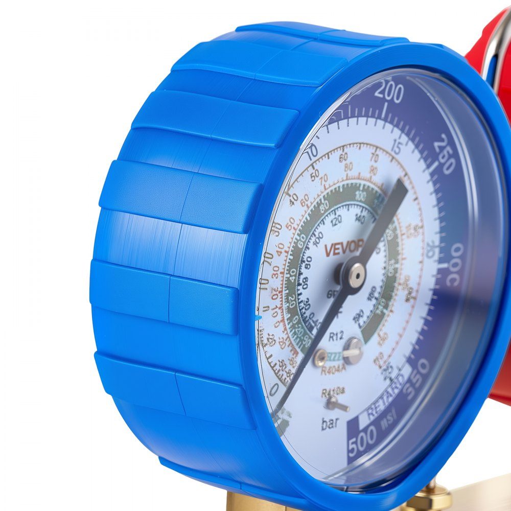 Air Conditioning Pressure Gauge Set for Refrigerant R22 R404A R410A R12, 4 Way Pressure Gauge with 1.5m Hoses, for Maintenance, Evacuation, Filling, Restoration of Air Conditioning Systems in Vehicles, Households