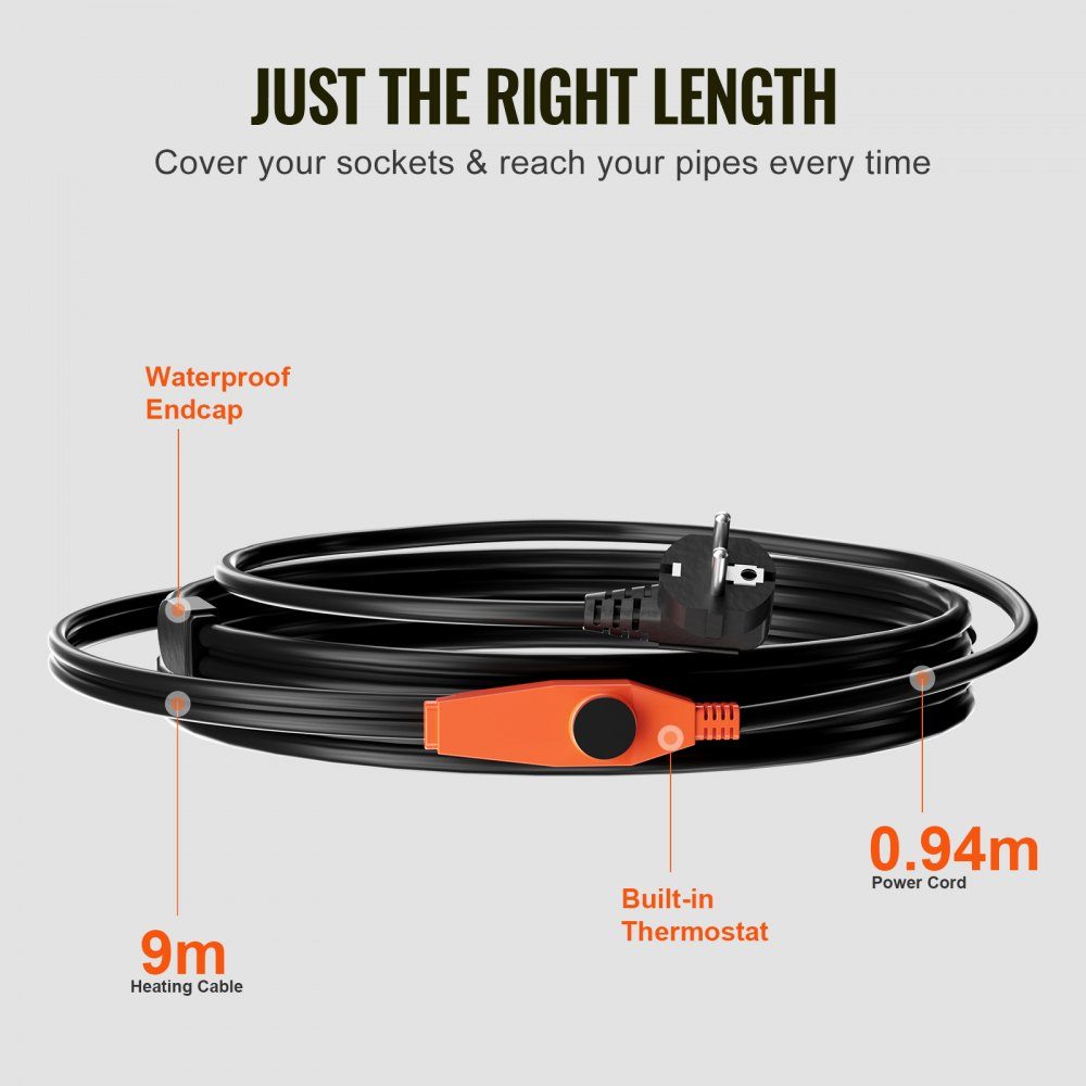 Frost Protection Heating Cable 9m 23W/m Pipe Heating Cable with Built-in Thermostat Pipe Heating Cable to Protect PVC Hoses, Metal & Plastic Pipes from Freezing