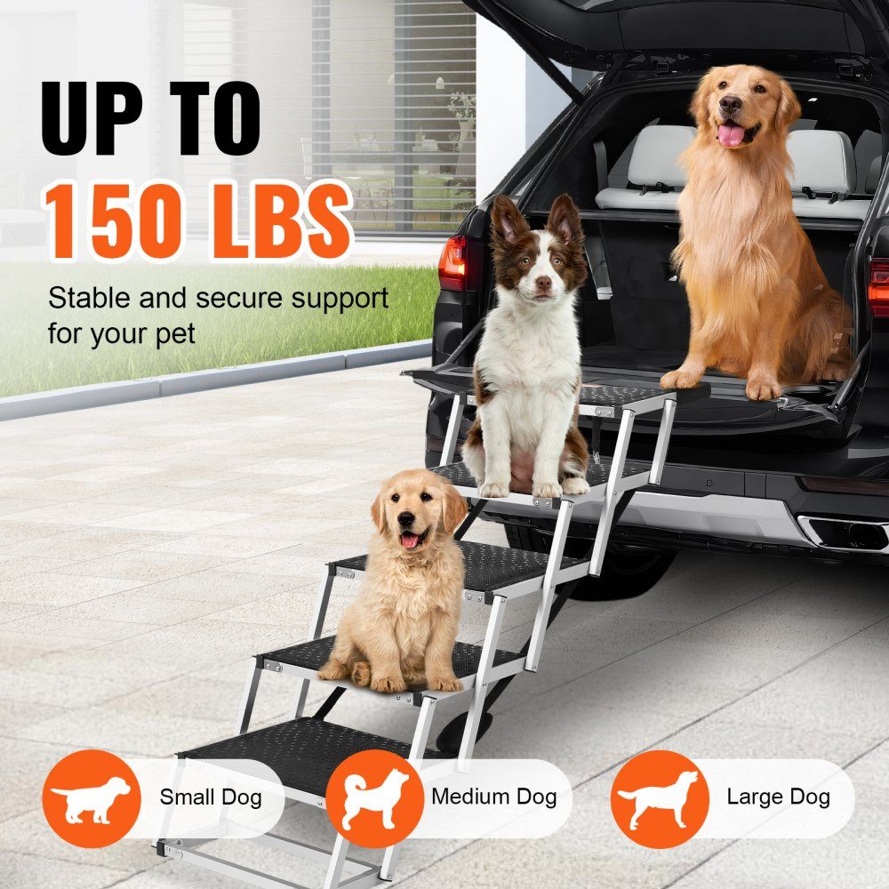 Dog Stairs for Cars, Wide 5 Step Dog Car Stairs, Folding Dog Car Ramp with Non-Slip Surface, Portable Lightweight Aluminum Pet Stairs for Car, SUV and Truck, Supports up to 68kg