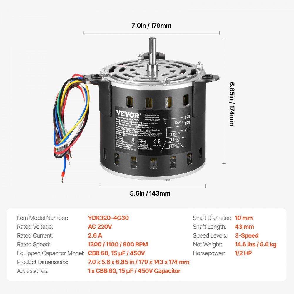 1/2 HP blower motor, 220V, 2.6A, 1300RPM, 3 speeds (1300/1100/800RPM), 10mm shaft diameter, 20mm shaft RED clockwise from shaft end, including CBB60 15μF/450V capacitor