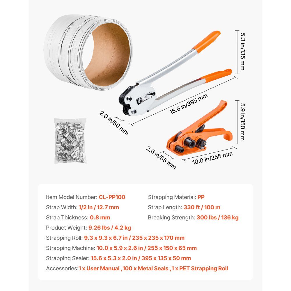 4-piece strapping set with strapping tape, manual strapping tool with 100 m PET tape, 100 metal clips & cutters, ideal workshop equipment for industrial packaging, transport & storage