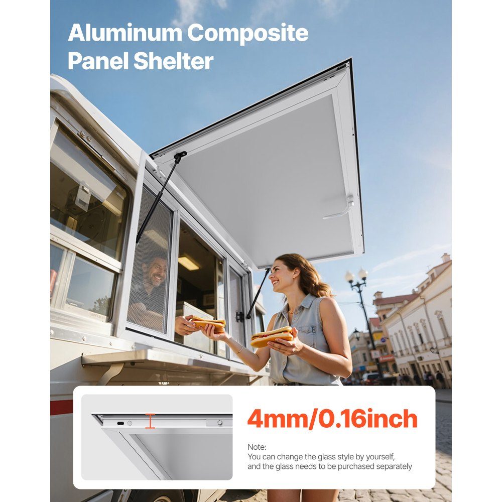 Snack window (installation dimensions 1346 x 838 mm) swiveling, snack trailer serving window with 85° opening angle & 4 sliding windows, snack window for snack stand snack carts