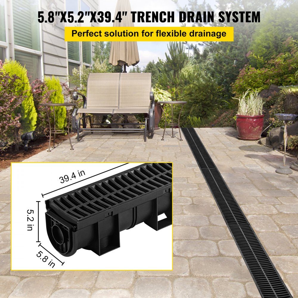 Dachrinnen-Set, 3 Stück, Entwässerungsrinne, HDPE-Kunststoffgitter, Grabenentwässerungssystem 15 x 13 x 100 cm, mit 3 Endkappen, Steckverbindung, für Gartenabfluss, Auffahrt, Pool, Gehweg