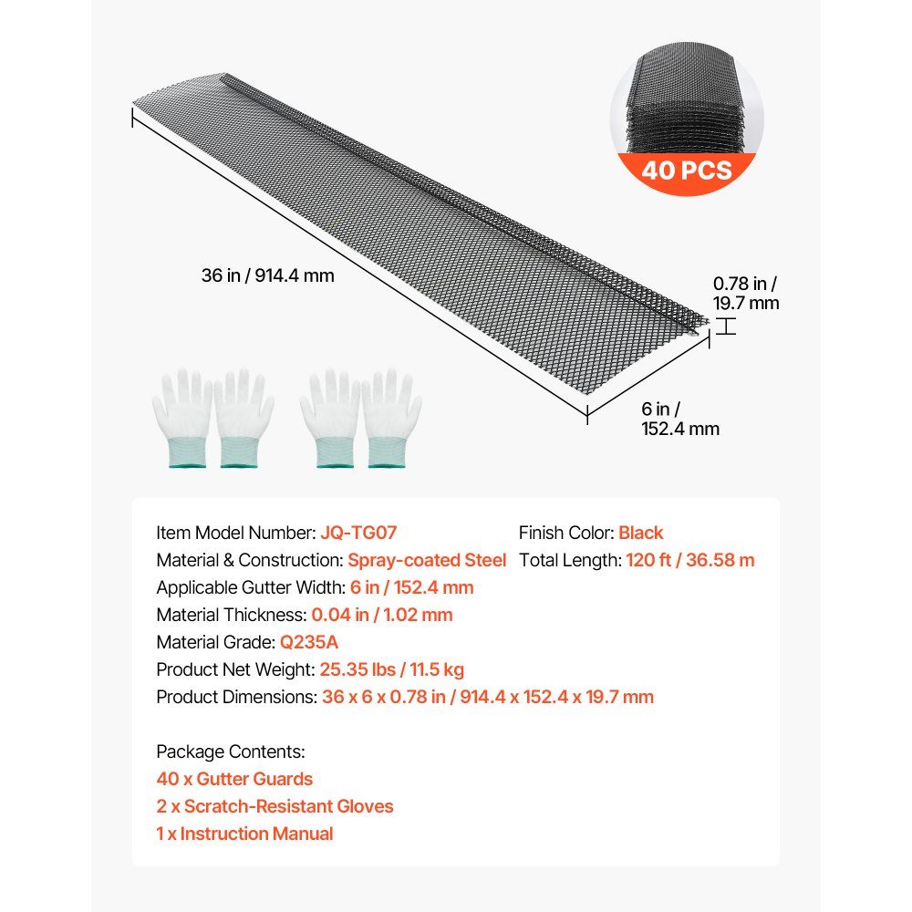 40 stuks gootbeschermers 152,4 mm, bladbeschermingsnet van gepoedercoat staal, gootbladbeschermers op maat te knippen met een totale lengte van 36,58 m, bladbeschermers met gaten van 6 mm voor huizen, carports, zwart