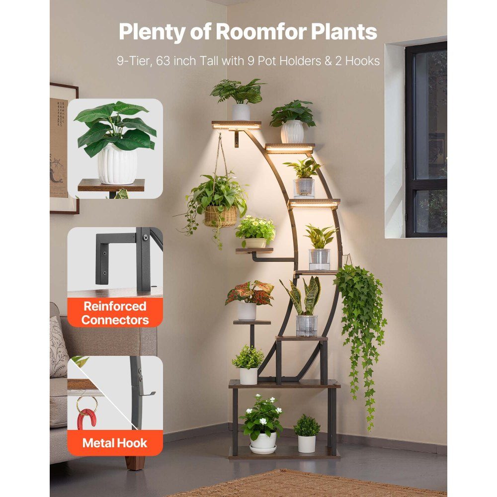 Plantenstandaard met groeilicht, 9-laags bloementrappen, metalen bloemenstandaard, 3 timers en 10 helderheidsniveaus, bloemenplank voor woonkamer- en balkondecoratie, 62 x 28 x 160 cm
