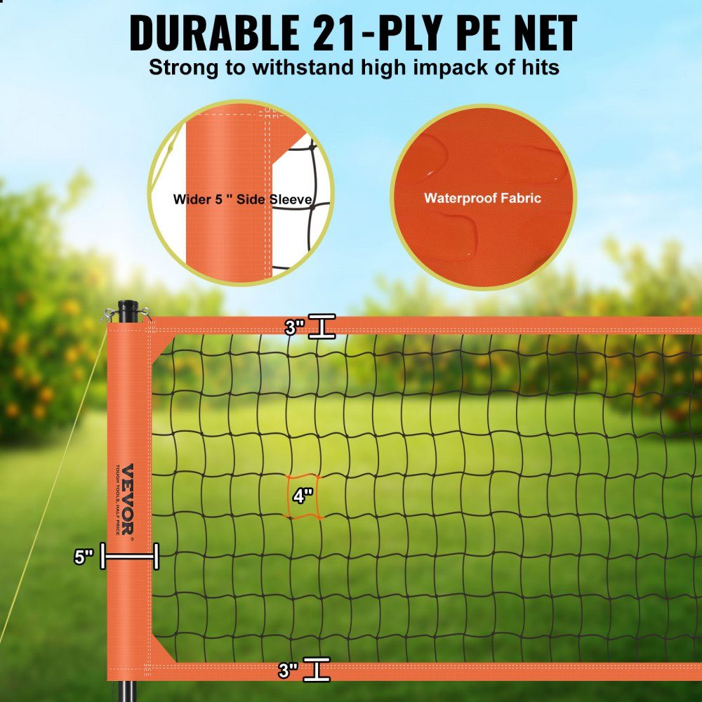 Volleyball Net Height Adjustable Volleyball Net Set, 9.7x2.4m Portable Beach Volleyball Net, Orange Volleyball Net, Foldable Volleyball Net with Volleyball & Carry Bag, for Garden, Beach