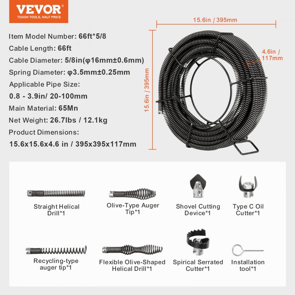Pipe Cleaning Cable 20m x 16mm, Professional Pipe Cleaning Cable with 7 Cutters for Pipes from 20 to 100mm, Hollow Core Sewer Cable for Sink, Floor Drain, Toilet